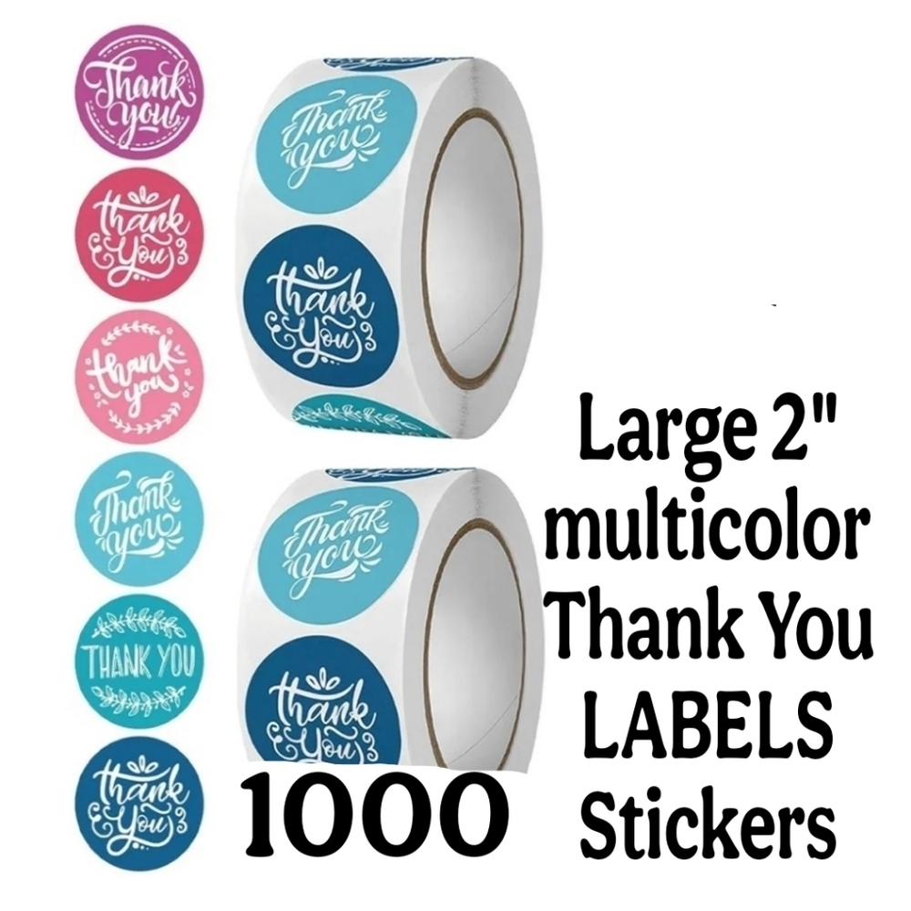 LARGE 2" MULTICOLOR THANK YOU STICKERS LABELS 1000PC ROLL. Please Bundle